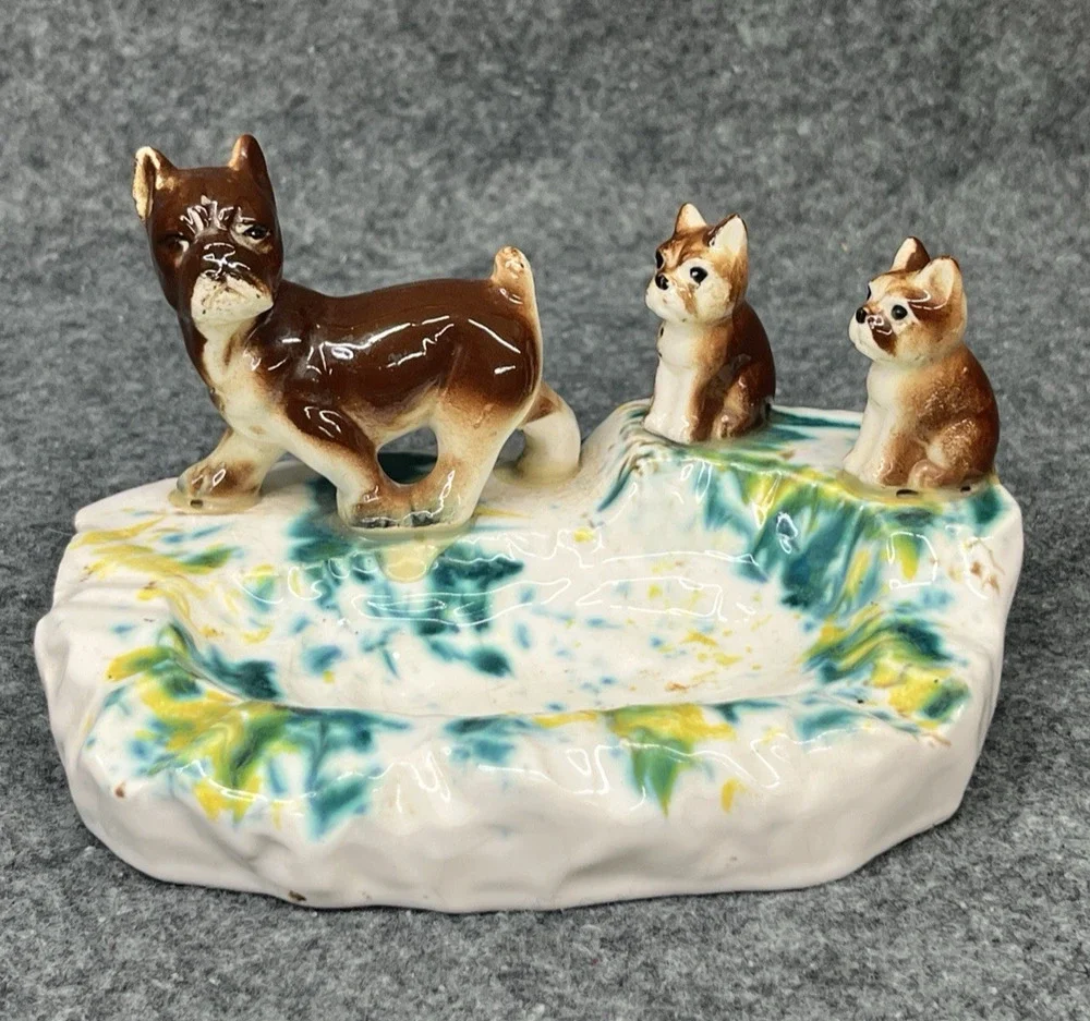 Vtg MCM Boxer Bulldog Dog Puppies Ceramic Ashtray Trinket Soap Dish Japan